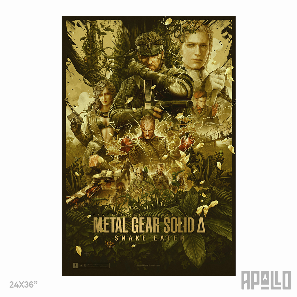 Poster of 'Metal Gear Solid Delta : Snake Eater' with characters and text.