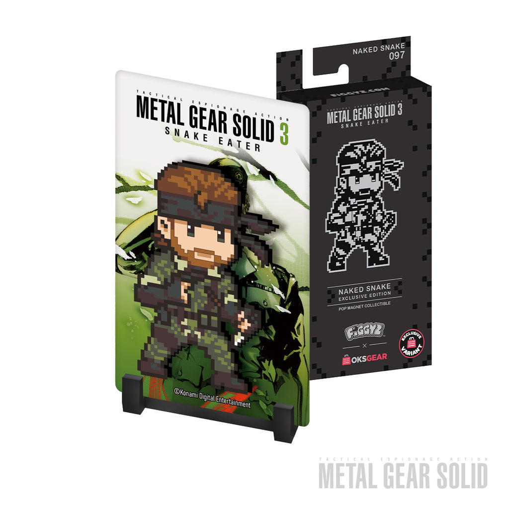 Metal Gear Solid figurine in packaging with 'Naked Snake' illustration on a white background